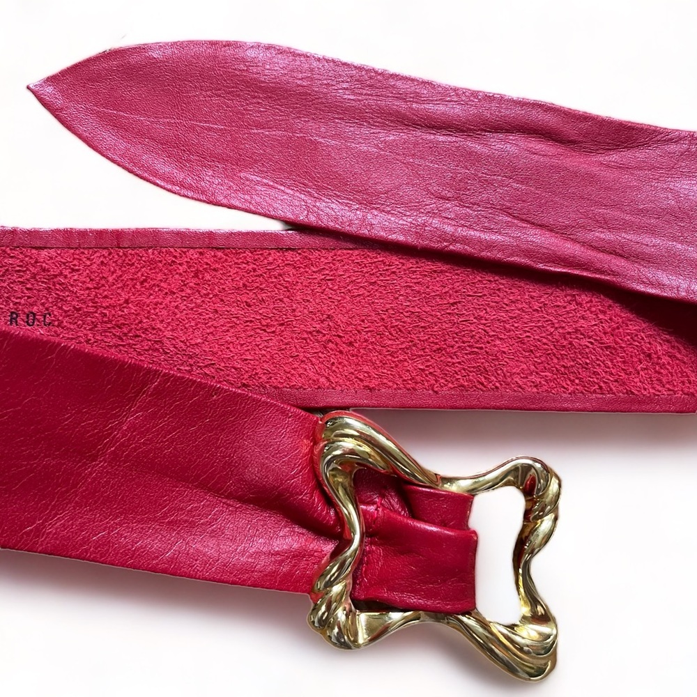 Vintage 80s Leather Red Belt with Gold Buckle